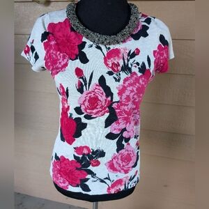 INC International Concepts Pink Floral Short Sleeve Top with Beaded Neckline